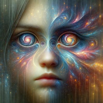 The primary subject of the image is a close-up of a person's face, with a focus on their eyes. The setting is a colorful, swirling background that adds a vibrant and artistic touch to the scene. The visual style is a combination of photo and digital art, creating a unique and eye-catching image. The colors and mood are lively and energetic, with the swirling background and the person's eyes being the main points of interest.